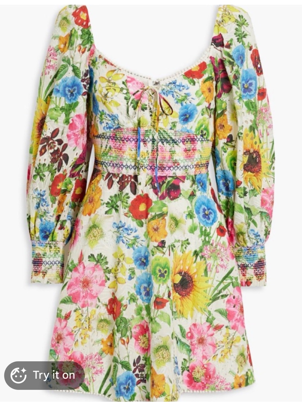 Alice + Olivia Floral Smocked Mini Dress - White with Multicolor Blooms